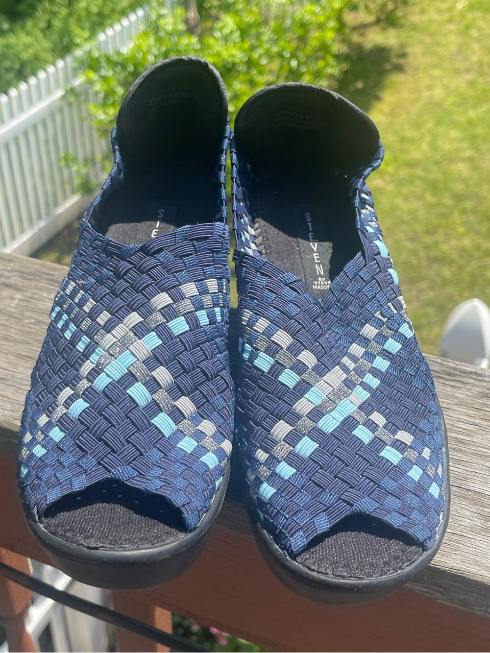 Womens STEVEN Steve Madden BraavoWoven Stretch Peep Toe Wedge Pumps - Navy Multi